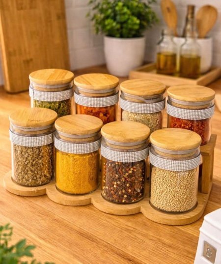 طقم سكريات زجاج مزينة ستراس + ستاند خشب